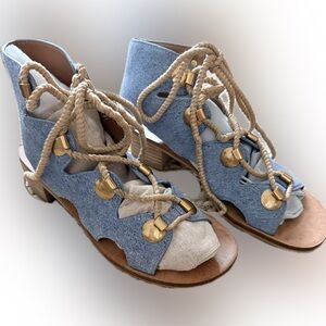 See By Chloe Blue Denim Lace Up Sandals with Gold Accents